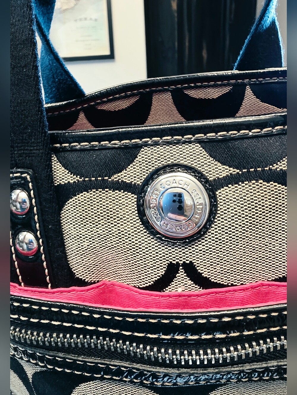 Coach Signature Canvas Black and Khaki Tote Bag - Picture 2 of 16